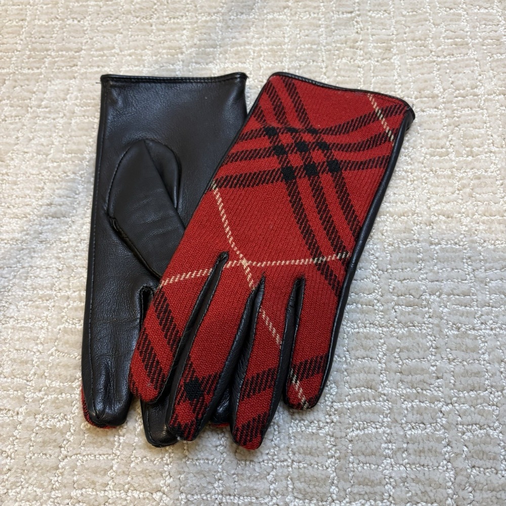 Burberry London Plaid Wool Leather Gloves Womens 7.5 Red‎ Black Good Mixed Media